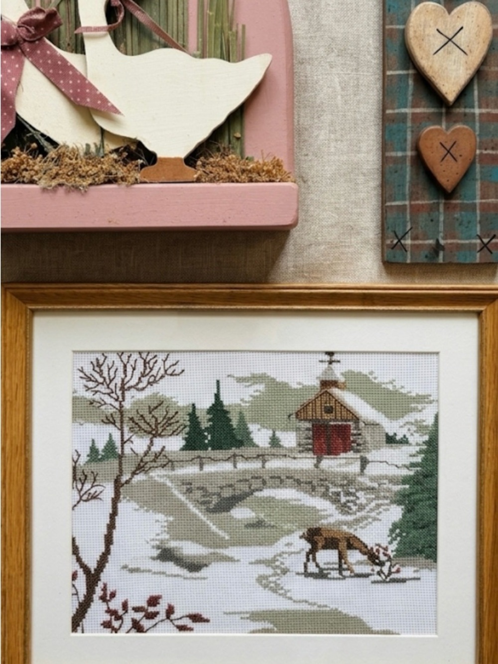 Framed Winter Cross-Stitch Wall Art in Cream and Brown